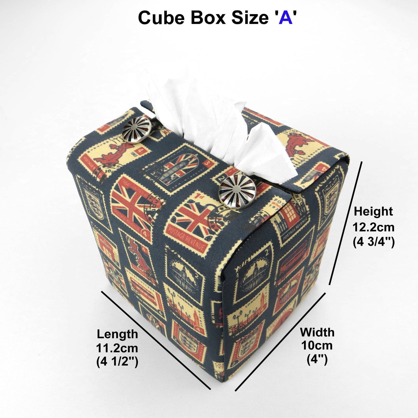 Printed cotton square tissue box cover with British stamps design on pale navy background