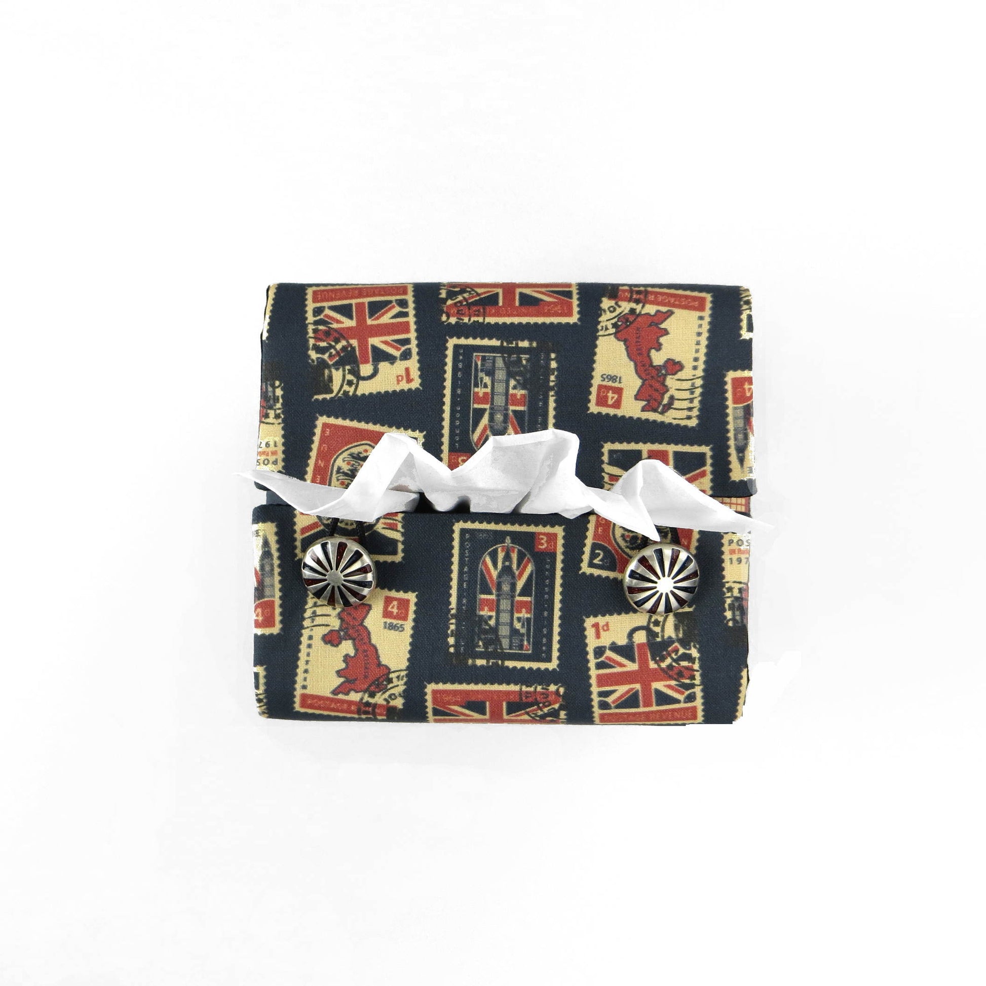 Printed cotton square tissue box cover with British stamps design on pale navy background