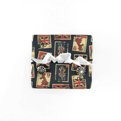 Printed cotton square tissue box cover with British stamps design on pale navy background
