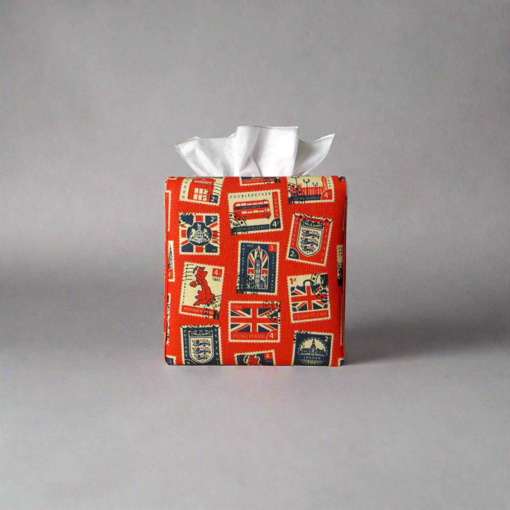 Printed cotton square tissue box cover with British stamps design on red background