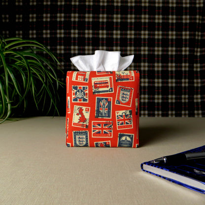 Cube Fabric Tissue Box Cover - British Stamps on Red
