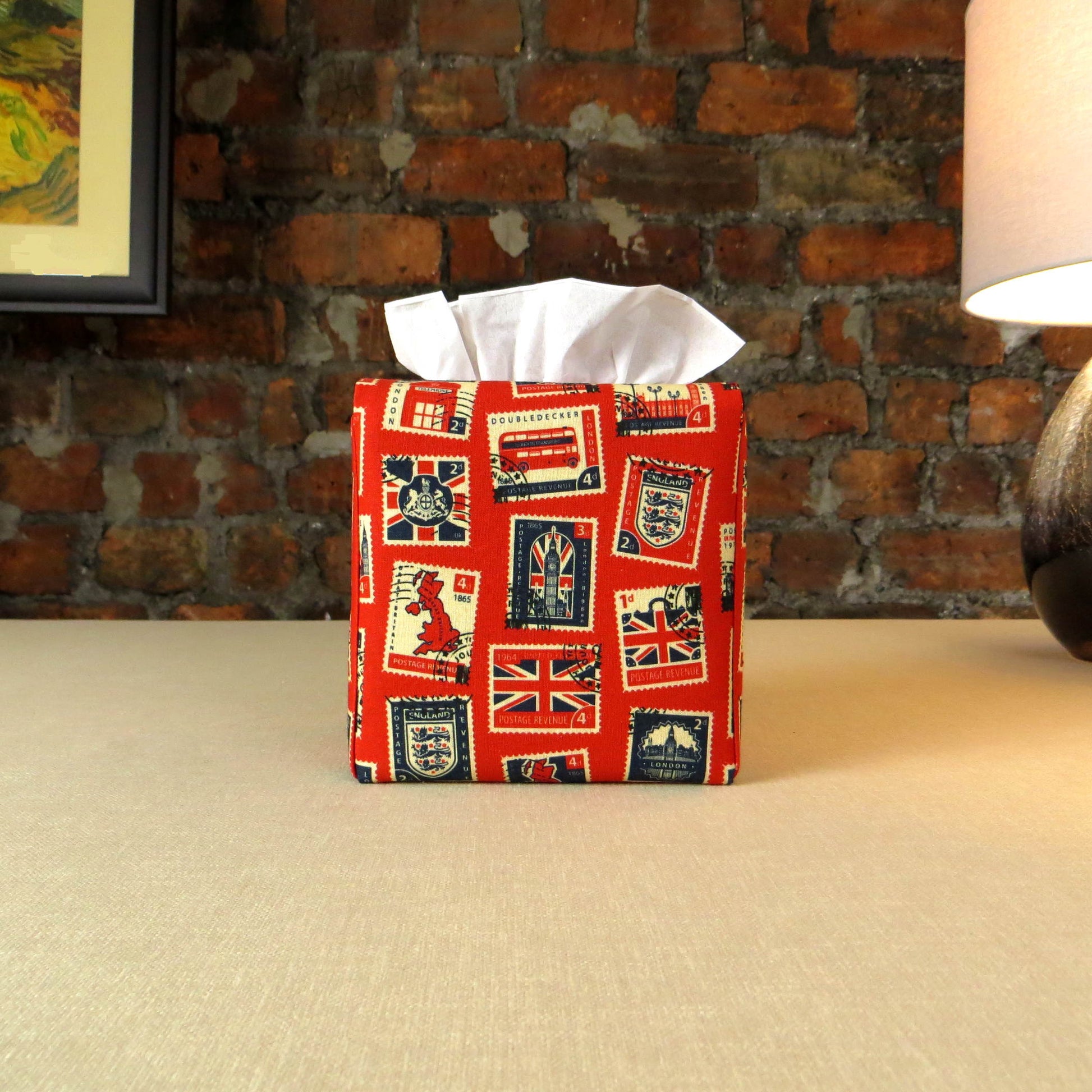 Printed cotton square tissue box cover with British stamps design on red background