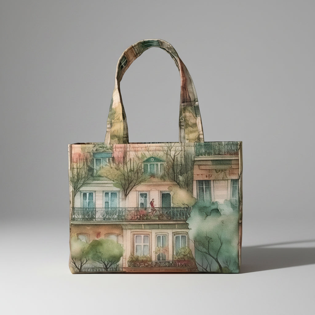 A handmade mini cotton tote bag featuring a vintage-style watercolour illustration of European buildings with green trees and pastel-coloured facades, set against a neutral gray background.