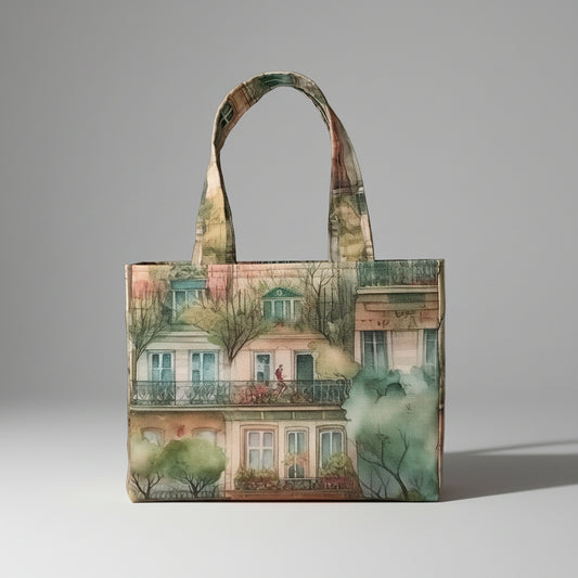 A handmade mini cotton tote bag featuring a vintage-style watercolour illustration of European buildings with green trees and pastel-coloured facades, set against a neutral gray background.