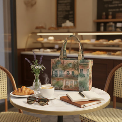 A handmade mini cotton tote bag featuring a green and beige landscape toile pattern with trees, birds, and water, on a bistro table in a patisserie.