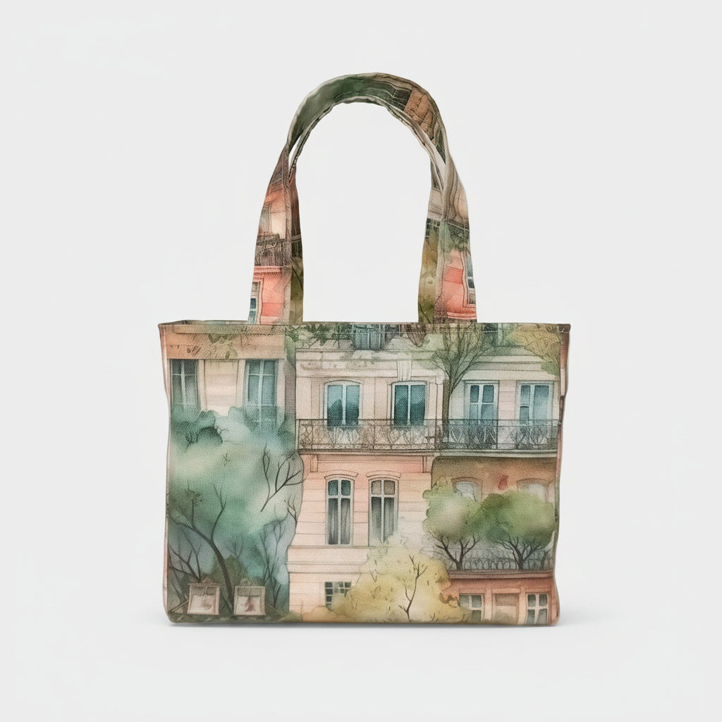 A handmade mini cotton tote bag featuring a watercolour-style print of a European building facade with green trees and soft pastel tones, shown against a plain light background.