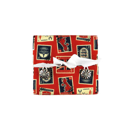 Printed cotton square tissue box cover with British stamps design on red background