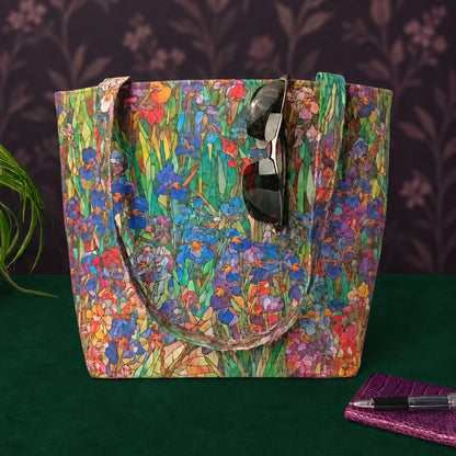 A large handmade cotton tote bag with a vibrant stained-glass style floral print featuring blue and purple irises, and red and yellow flowers on a green background. The bag is styled with a pair of sunglasses hanging, set against a dark green table surface with a purple patterned backdrop.