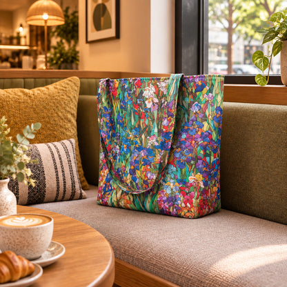 A large handmade cotton tote bag featuring a colourful stained-glass style floral print with irises and wildflowers.