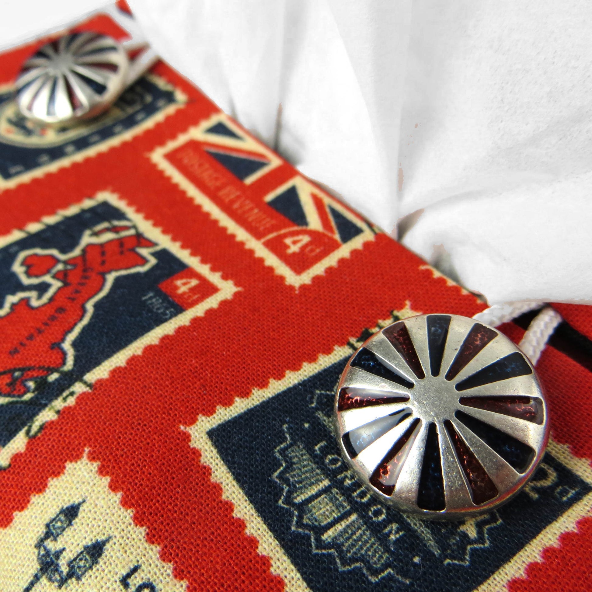 Printed cotton square tissue box cover with British stamps design on red background