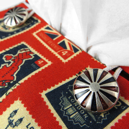 Printed cotton square tissue box cover with British stamps design on red background