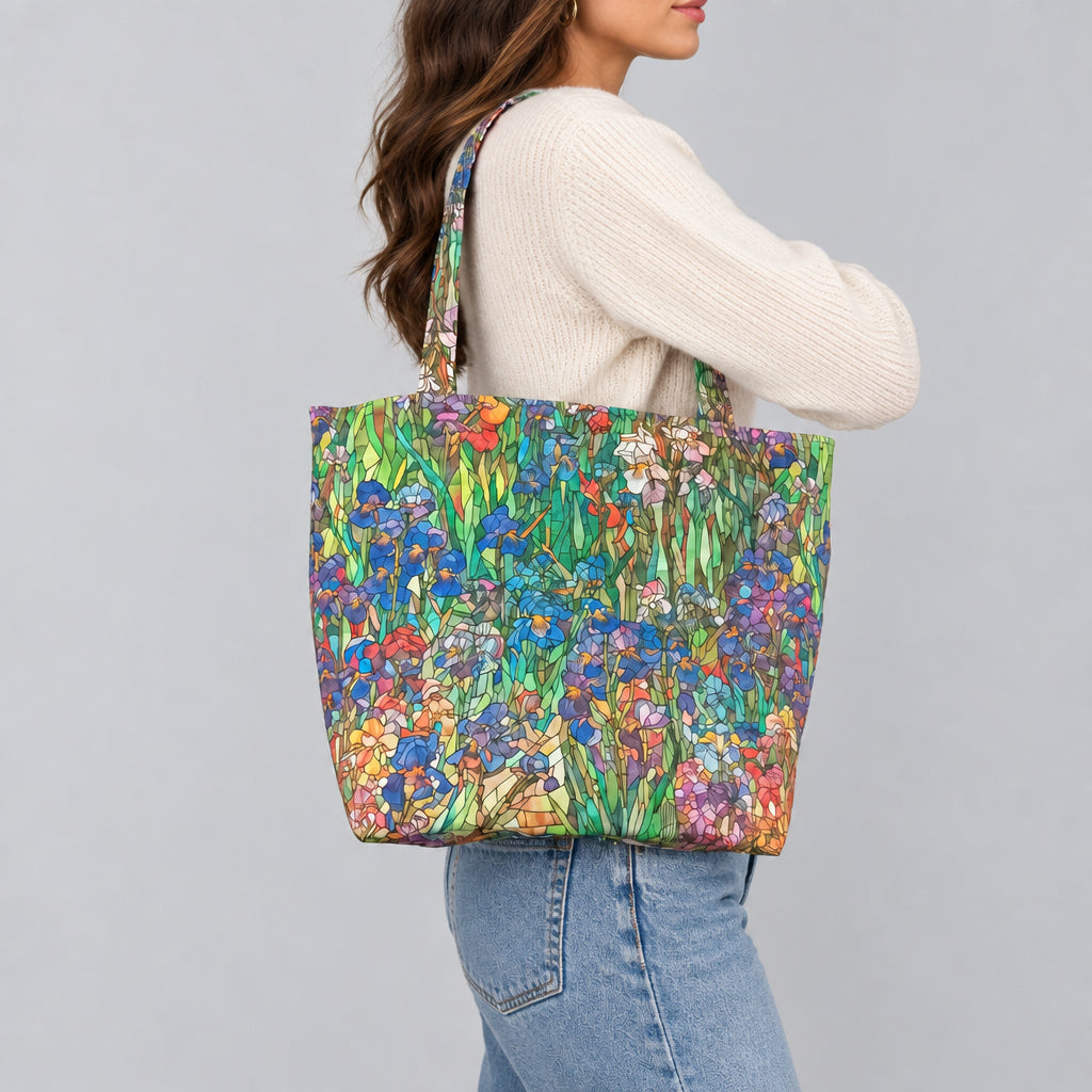 A young woman wearing a white shirt and blue jeans carries on her shoulder a handmade large cotton tote bag with a colourful floral print featuring blue and purple irises on a green background.