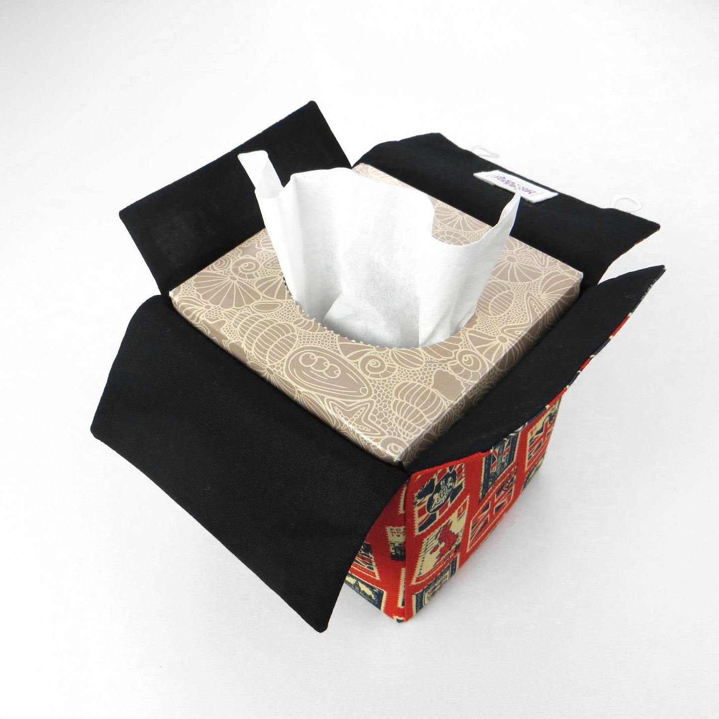 Printed cotton square tissue box cover with British stamps design on red background