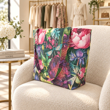 A large handmade cotton tote bag featuring a vibrant botanical and insect pattern with pink flowers, green leaves, and blue dragonflies, sitting on a plush chair in an upscale clothing boutique.