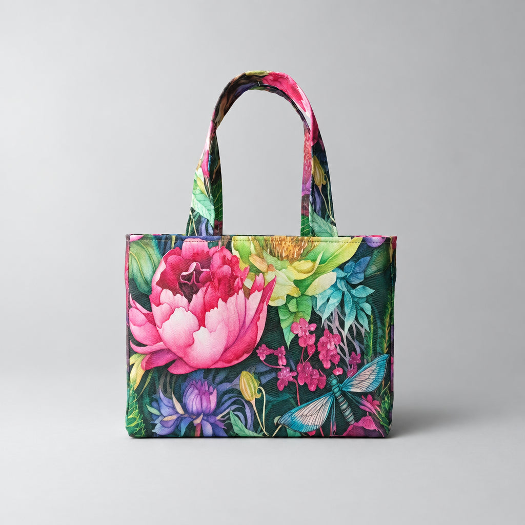 A handmade mini cotton tote bag with a vibrant, multicoloured floral and botanical print featuring a large pink peony, green leaves, and a dragonfly, with two top handles.