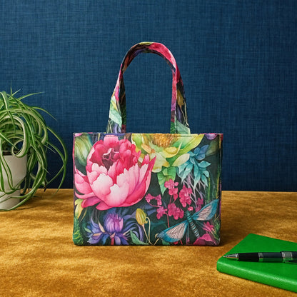 A colourful handmade mini cotton tote bag with a vibrant floral and dragonfly print, standing on a mustard yellow velvet table against a dark blue background, with a potted plant on the left and a green notebook with a pen on the right.