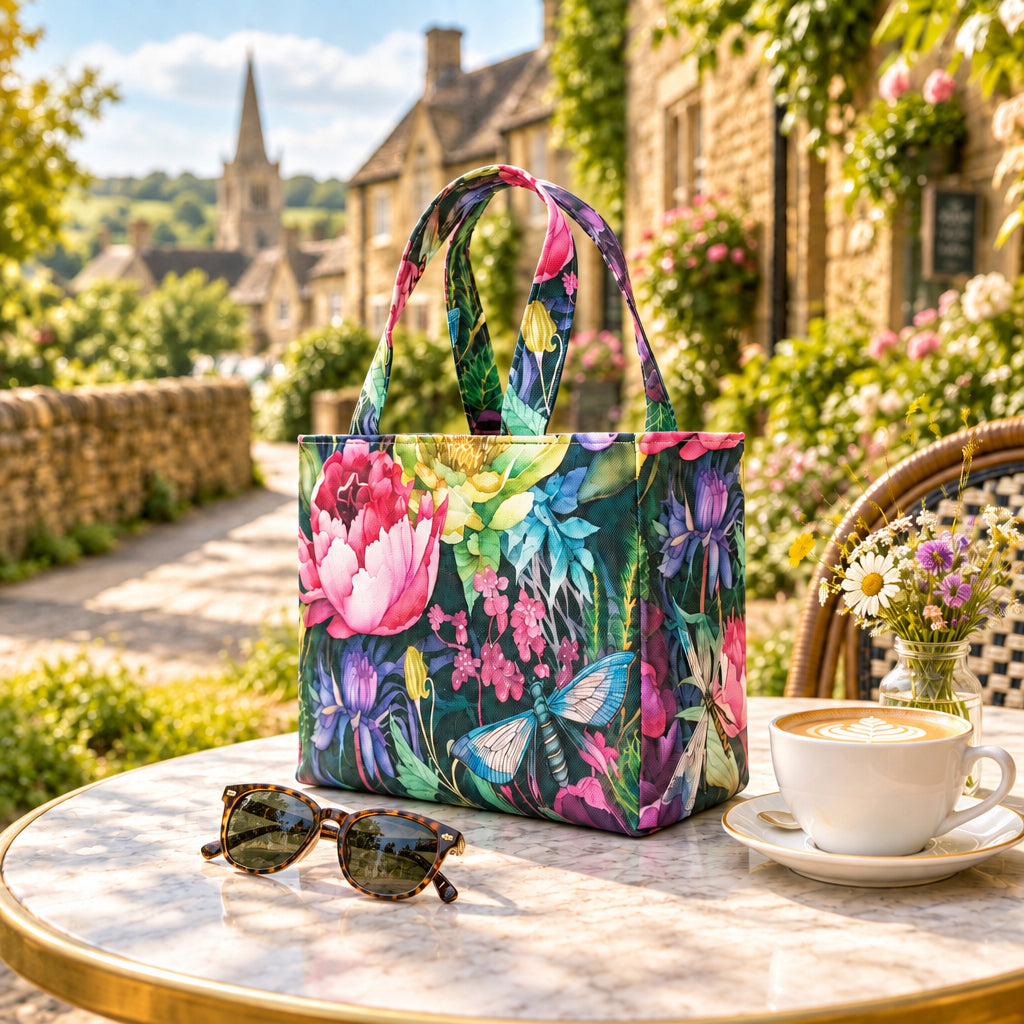 A handmade mini cotton tote bag with a vibrant, multicoloured floral and dragonfly print, featuring two top handles, sitting on an outdoor cafe table.