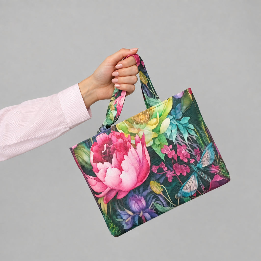 A hand holding a handmade mini cotton tote bag with a vibrant botanical and dragonfly print. The mini tote bag features a large pink peony, green leaves, and a blue dragonfly on a dark background.