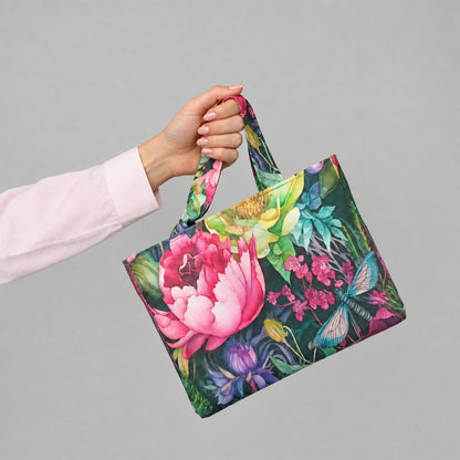 A hand holding a handmade mini cotton tote bag with a vibrant botanical and dragonfly print. The mini tote bag features a large pink peony, green leaves, and a blue dragonfly on a dark background.