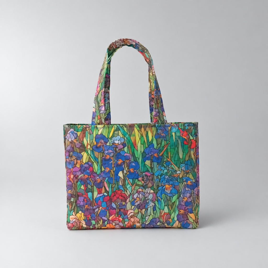 A handmade mini cotton tote bag featuring a vibrant stained-glass style floral print of irises in shades of blue, purple, red, green, and yellow, set against a light grey background.