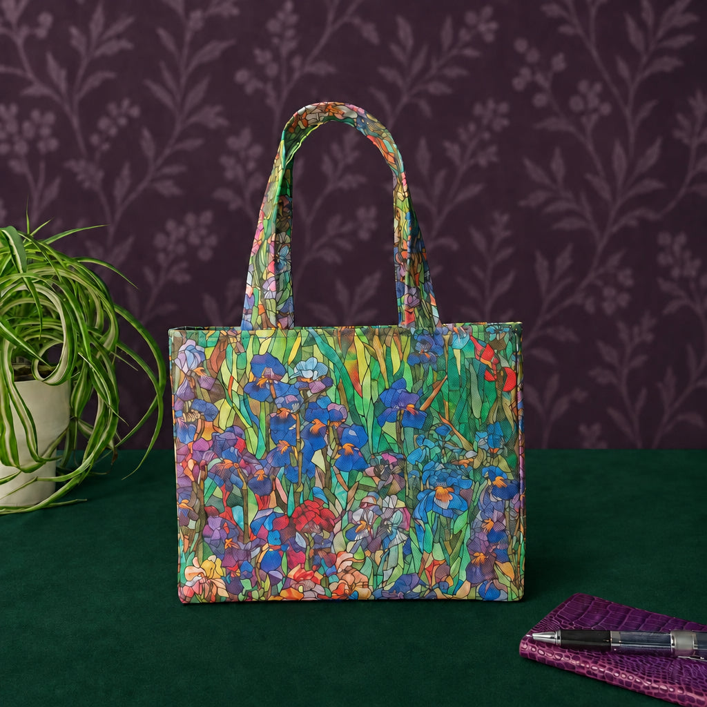 A handmade mini cotton tote bag with a colourful stained-glass style iris floral print featuring two top handles, with a green plant on the left and a purple notebook on the right.