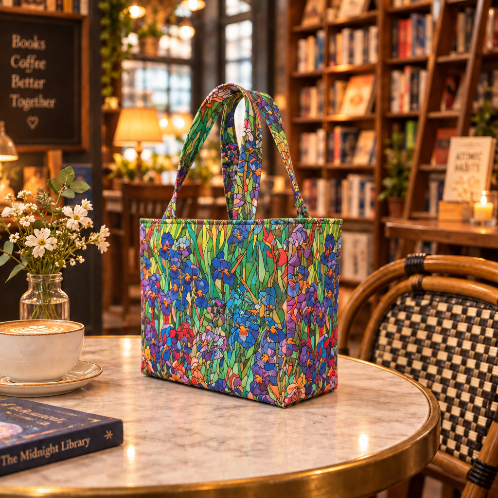 A handmade mini cotton tote bag featuring a colourful floral print of irises, with two top handles, sitting on a table in a bookshop cafe.