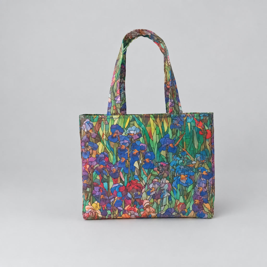 A handmade mini cotton tote bag featuring a vibrant stained-glass style floral print of irises in blue, purple, red, and yellow tones, and two top handles.