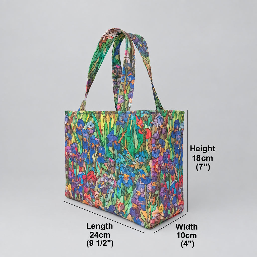 A handmade mini cotton tote bag featuring a colourful floral print of irises, with two top handles.