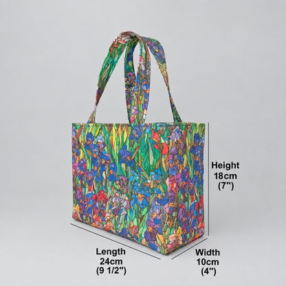 A handmade mini cotton tote bag featuring a colourful floral print of irises, with two top handles.