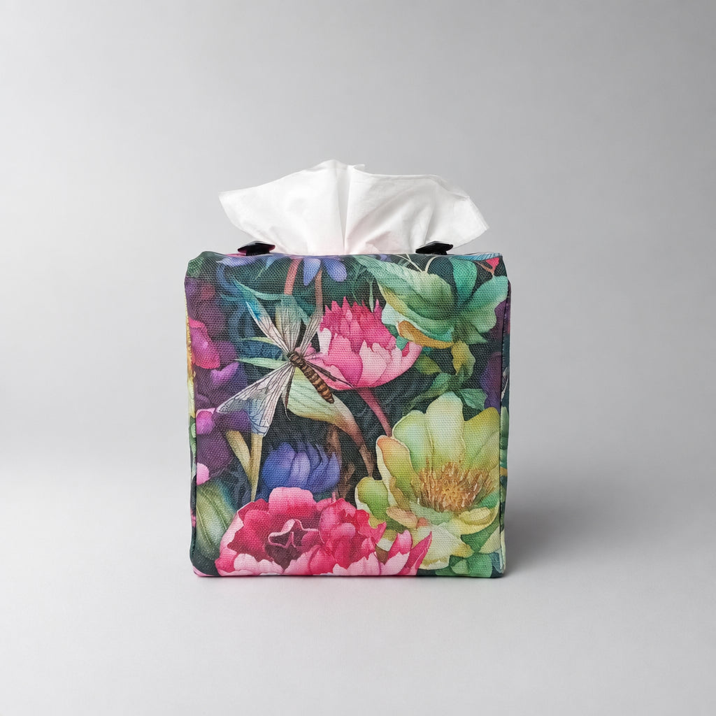 A handmade square cotton tissue box cover with a colourful floral and dragonfly print.