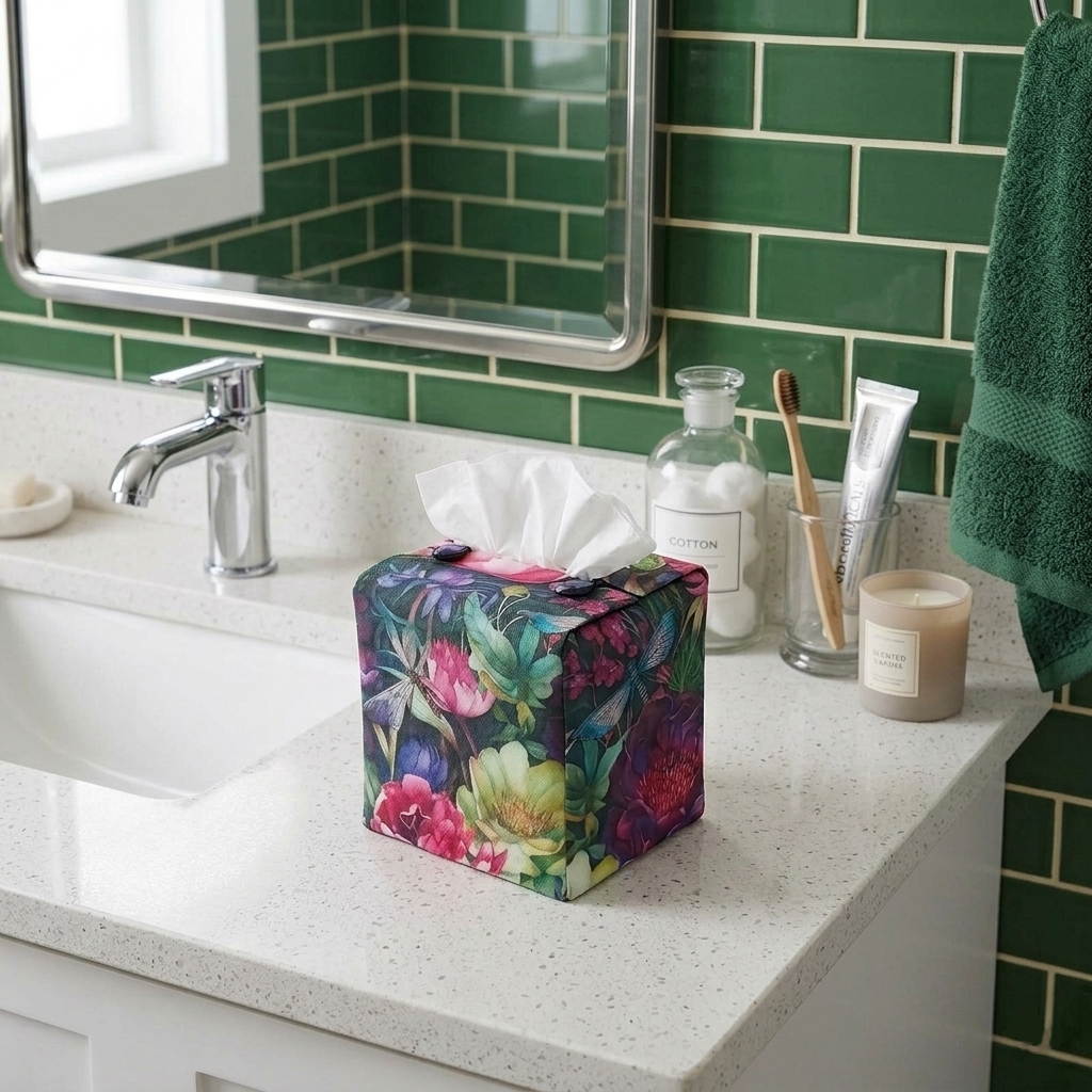 A handmade square cotton tissue box cover with a vibrant multicolour floral and dragonfly pattern, on a bathroom countertop.
