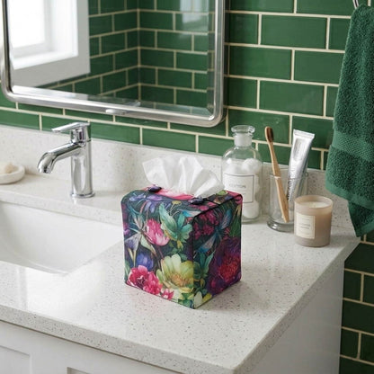 A handmade square cotton tissue box cover with a vibrant multicolour floral and dragonfly pattern, on a bathroom countertop.