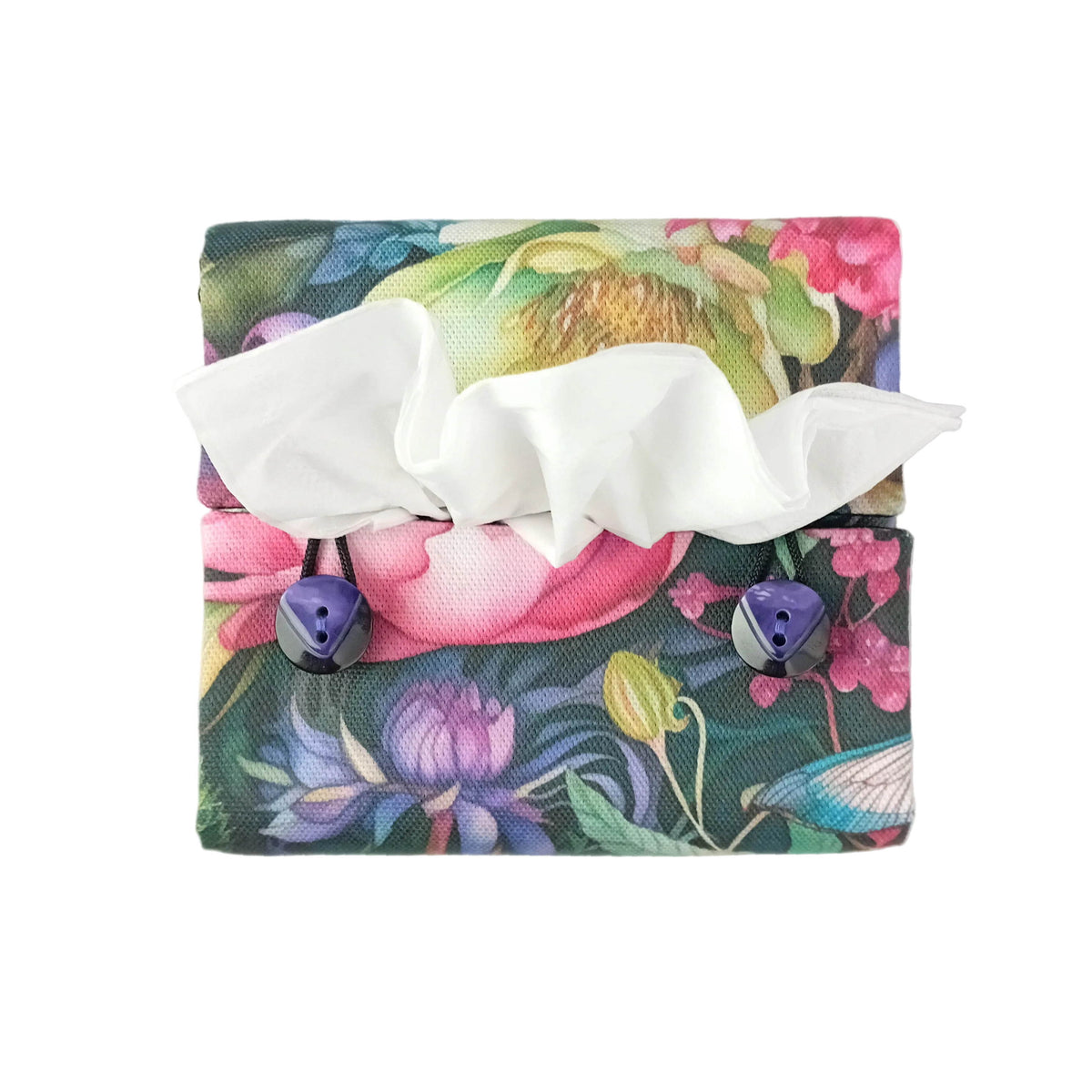 Top view of a handmade square cotton tissue box cover with a colourful floral and dragonfly print. The cover has two purple button closures.