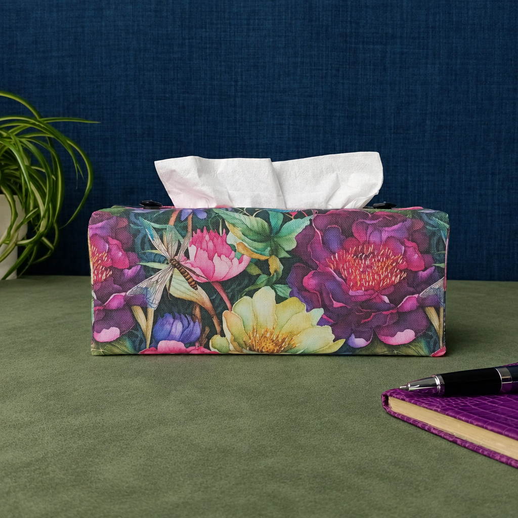 A handmade rectangular cotton tissue box cover with a colourful floral and dragonfly print with a plant and a purple notebook in the background.