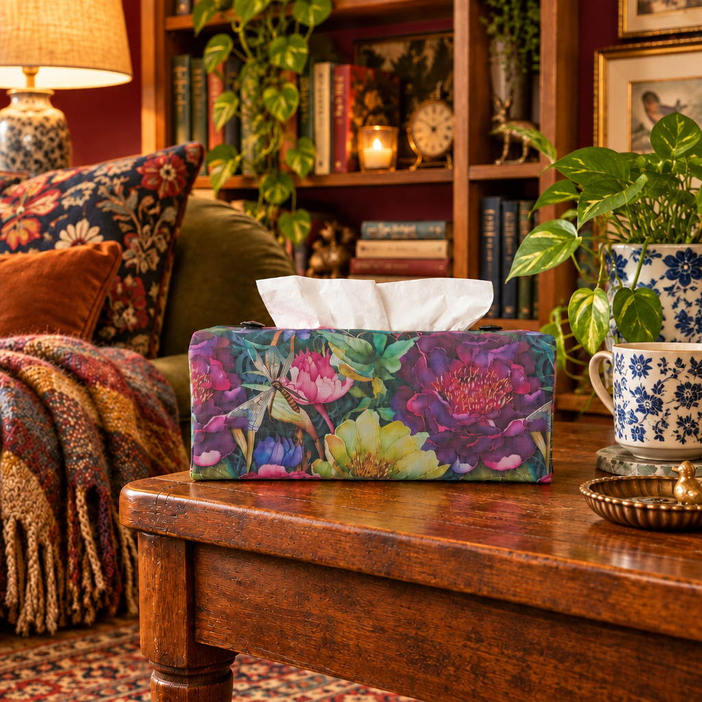 A handmade rectangular cotton tissue box cover with a vibrant multicolour floral and dragonfly pattern, on a coffee table in a living room.