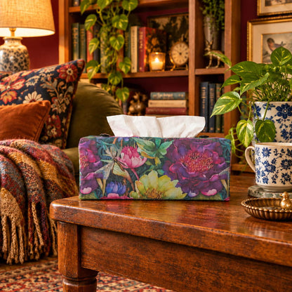 A handmade rectangular cotton tissue box cover with a vibrant multicolour floral and dragonfly pattern, on a coffee table in a living room.