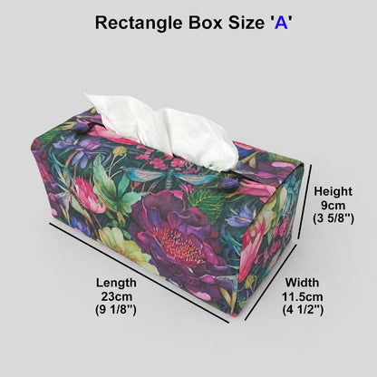 A handmade rectangular cotton tissue box cover with a vibrant multicolour floral print featuring pink, yellow, and purple flowers on a green background, with dragonflies.