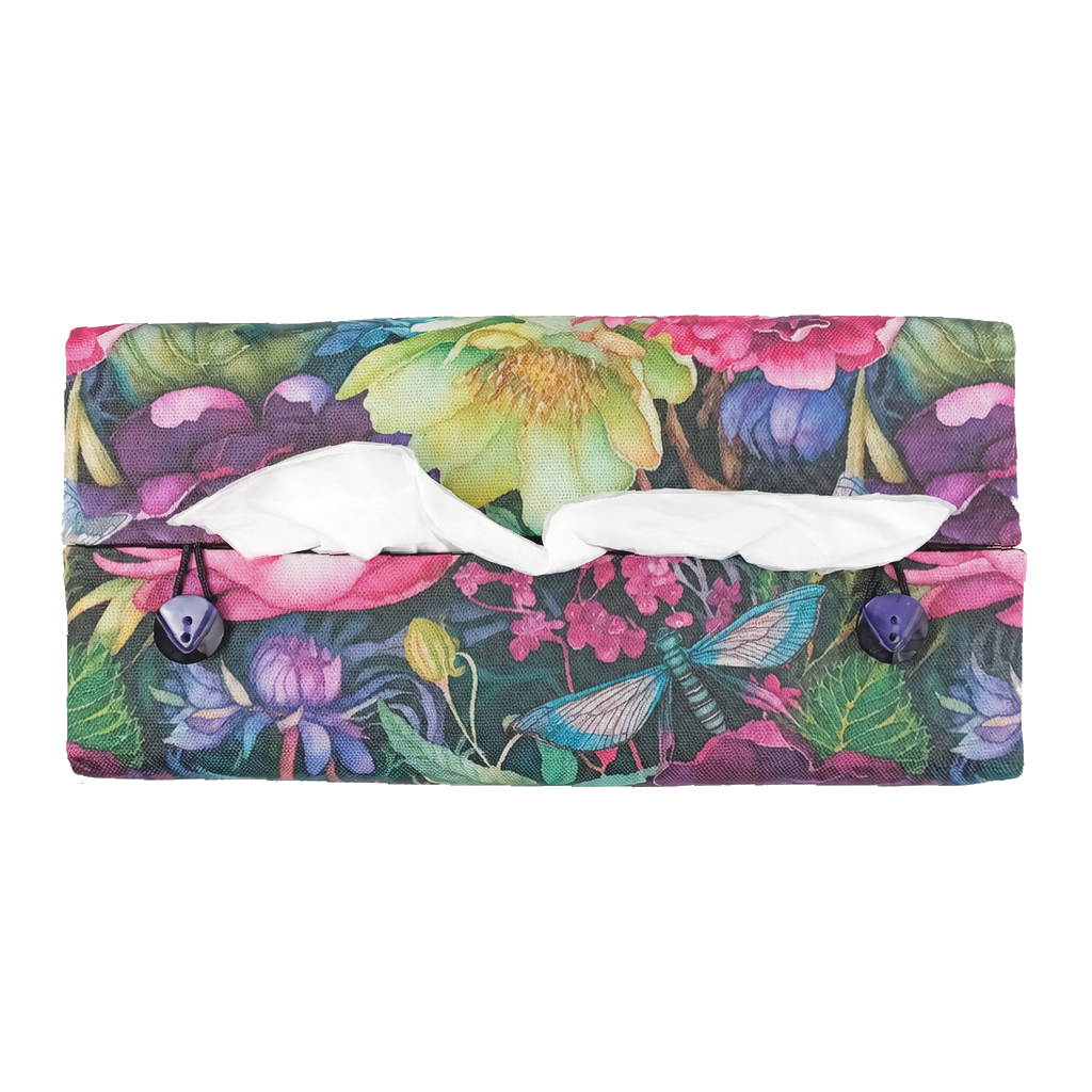 The top view of a handmade rectangular cotton tissue box cover with a colourful floral and dragonfly print.