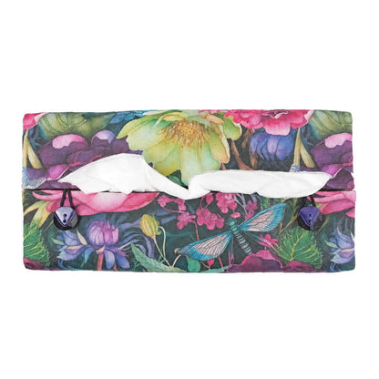 The top view of a handmade rectangular cotton tissue box cover with a colourful floral and dragonfly print.