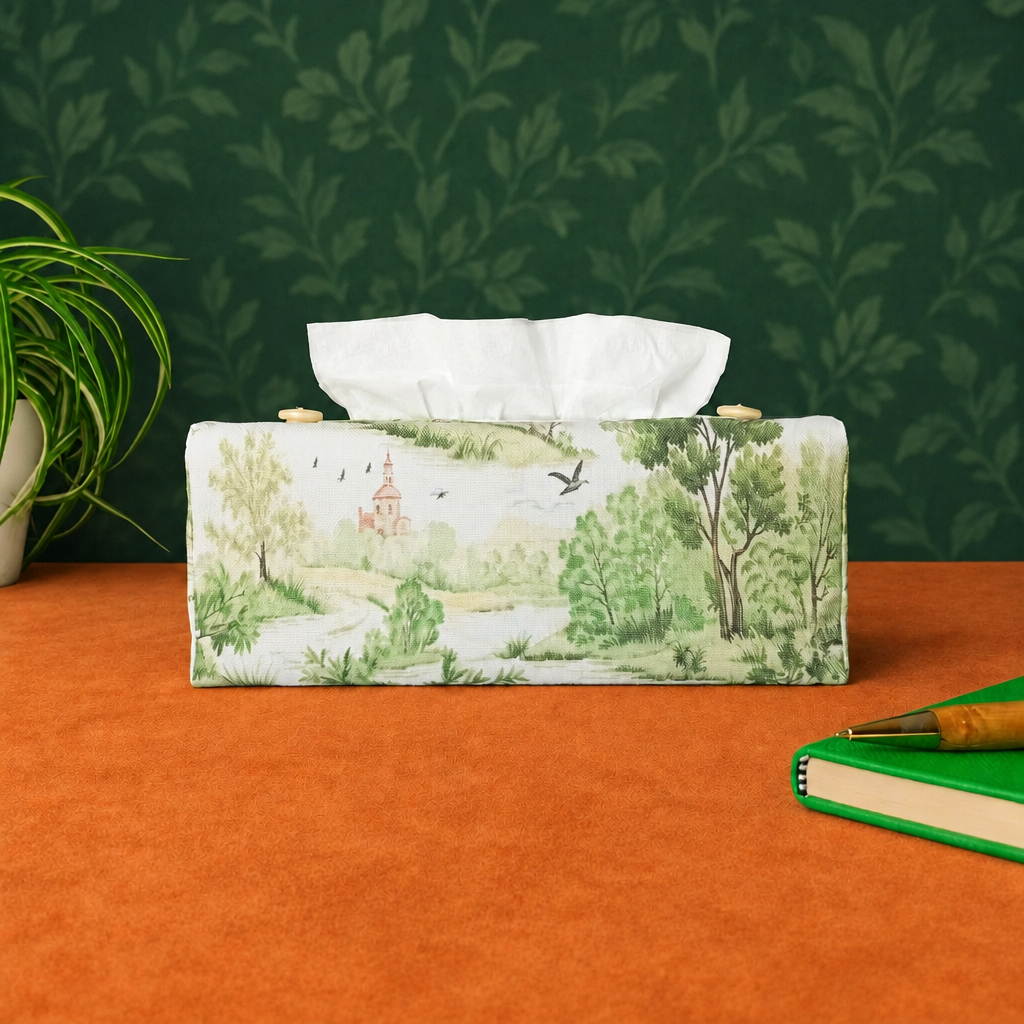 A handmade rectangular cotton tissue box cover with a printed landscape scene in soft green, beige, and brown tones on an off-white background, with a plant on the left and a green notebook with a pen on the right.