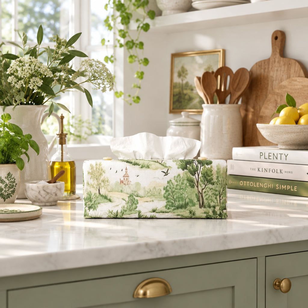 A handmade rectangular cotton tissue box cover with a green and beige woodland landscape print on an off-white background, sitting on a kitchen counter.