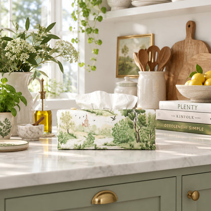 A handmade rectangular cotton tissue box cover with a green and beige woodland landscape print on an off-white background, sitting on a kitchen counter.
