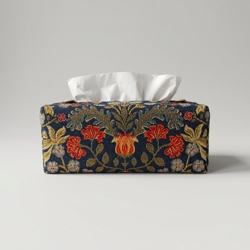 A handmade polycotton rectangular tissue box cover with a dark navy blue background and an embroidered floral pattern in red, gold, and light blue, set against a plain light grey background.