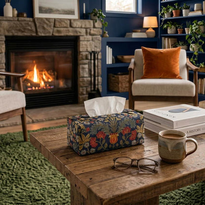 A handmade rectangular tissue box cover made of navy blue fabric with a colourful floral and botanical print in red, yellow, and green, sitting on a coffee table in a living room.