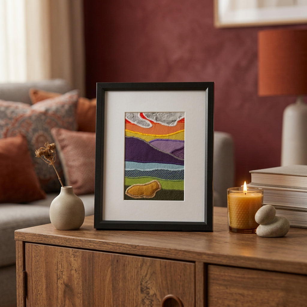 A framed handmade abstract landscape art print.