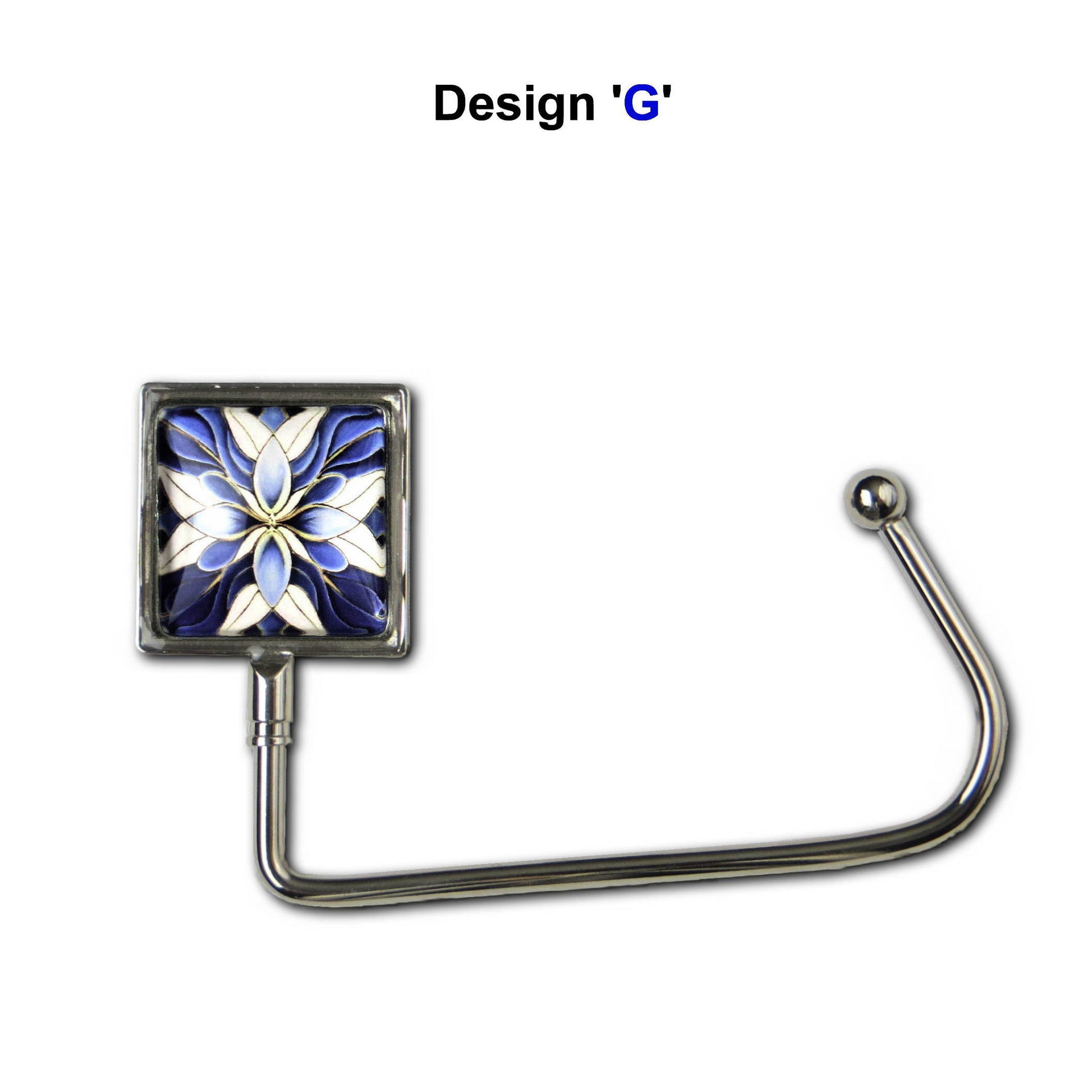Handbag hook with glass domed blue stylised floral image