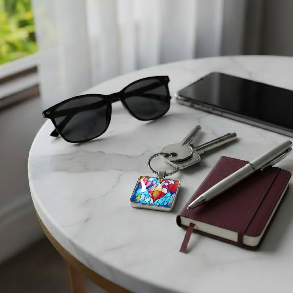 Keychain with a colourful design on a table