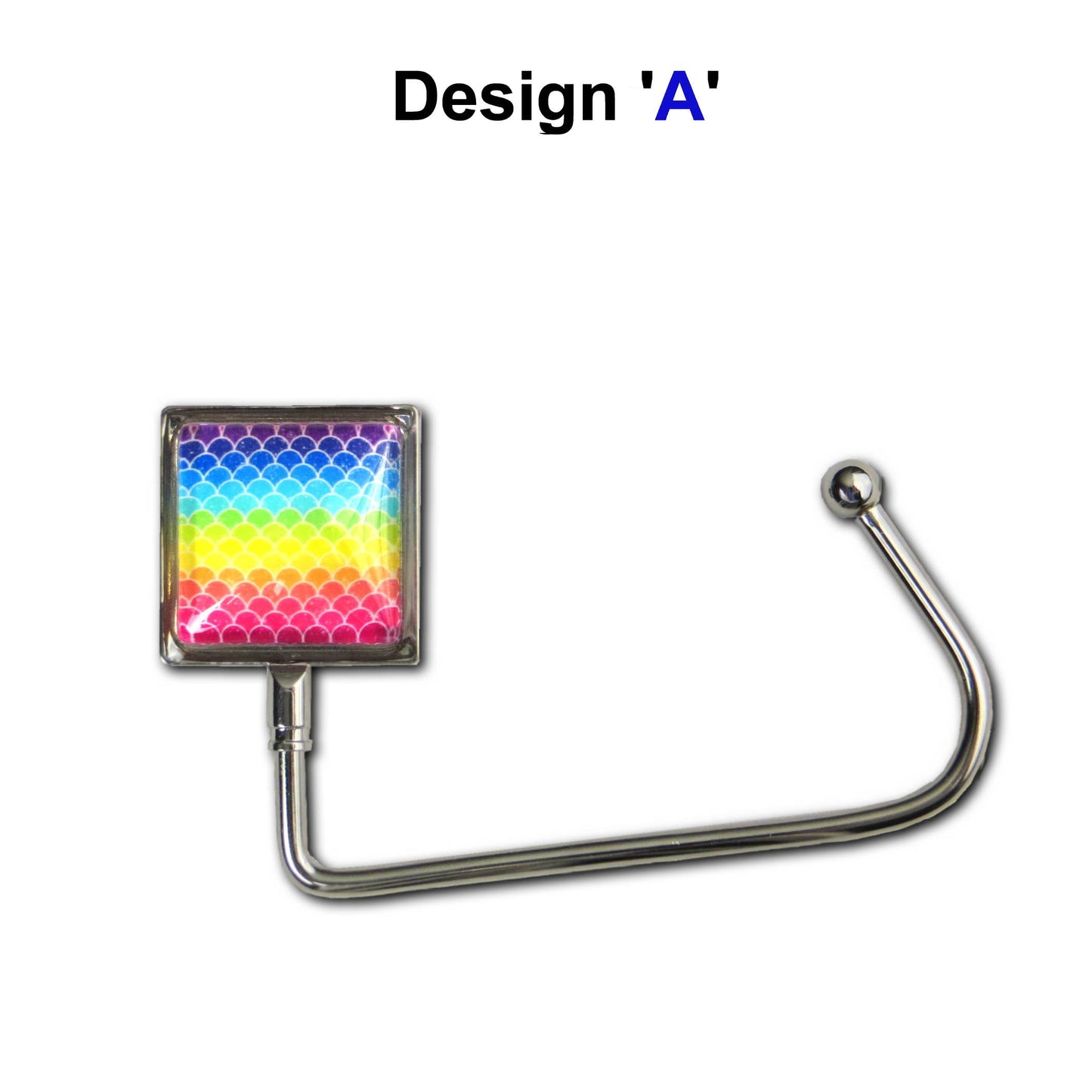 Handbag hook with a glass domed rainbow coloured abstract image