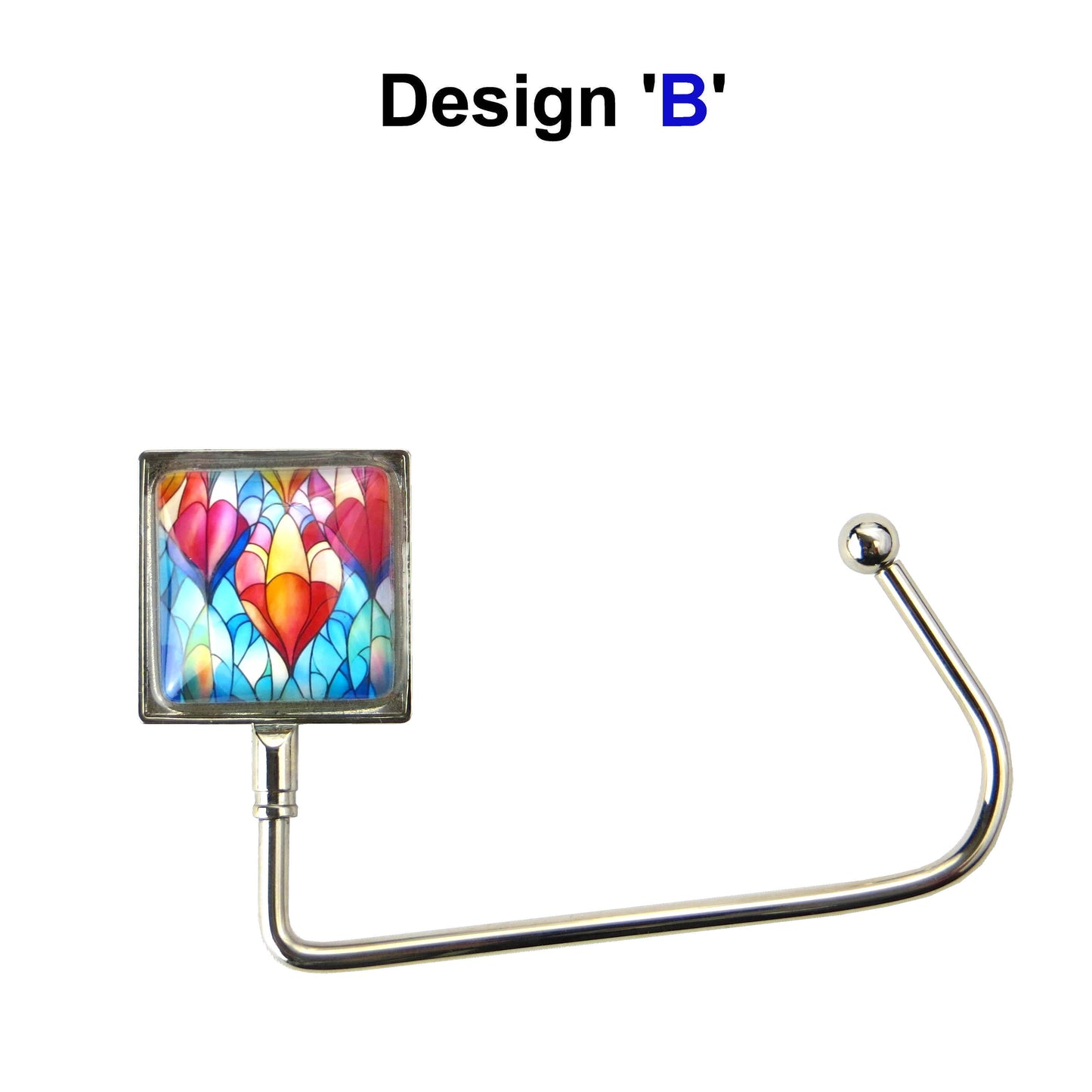Handbag hook with a glass domed blue, red, and orange hot air balloon style image