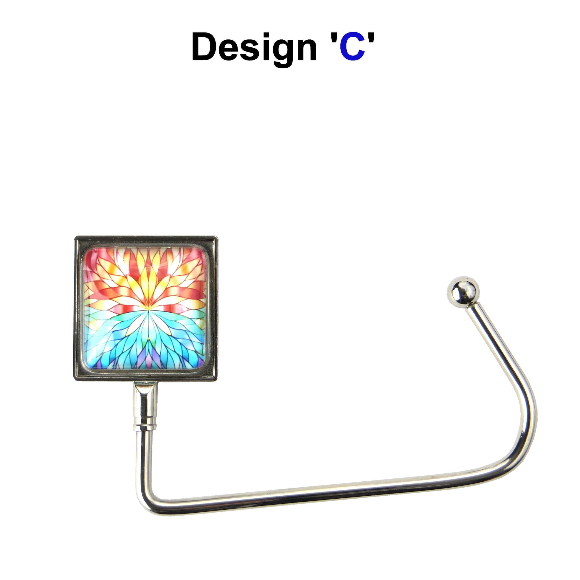 Handbag hook with a glass domed blue and orange abtract image